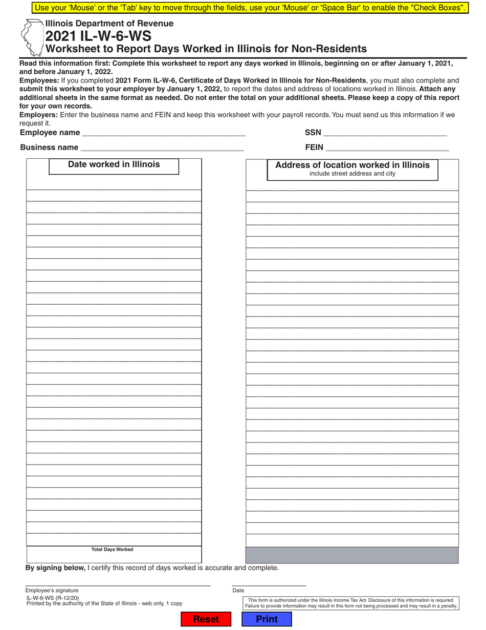 Form IL-W-6-WS Worksheet to Report Days Worked in Illinois for Non-residents - Illinois, Page 1
