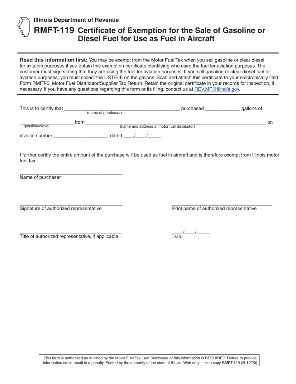 Form RMFT-119 Certificate of Exemption for the Sale of Gasoline or Diesel Fuel for Use as Fuel in Aircraft - Illinois, Page 1
