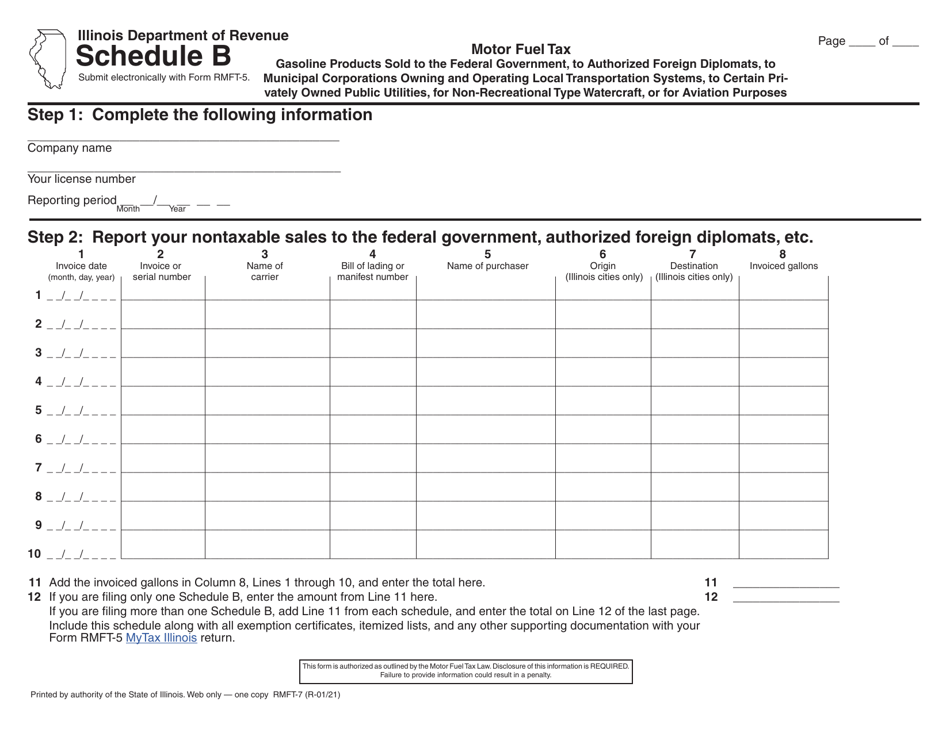 Form RMFT-7 Schedule B Motor Fuel Tax - Gasoline Products Sold to the Federal Government, to Authorized Foreign Diplomats, to Municipal Corporations Owning and Operating Local Transportation Systems, to Certain Privately Owned Public Utilities, for Non-recreational Type Watercraft, or for Aviation Purposes - Illinois, Page 2