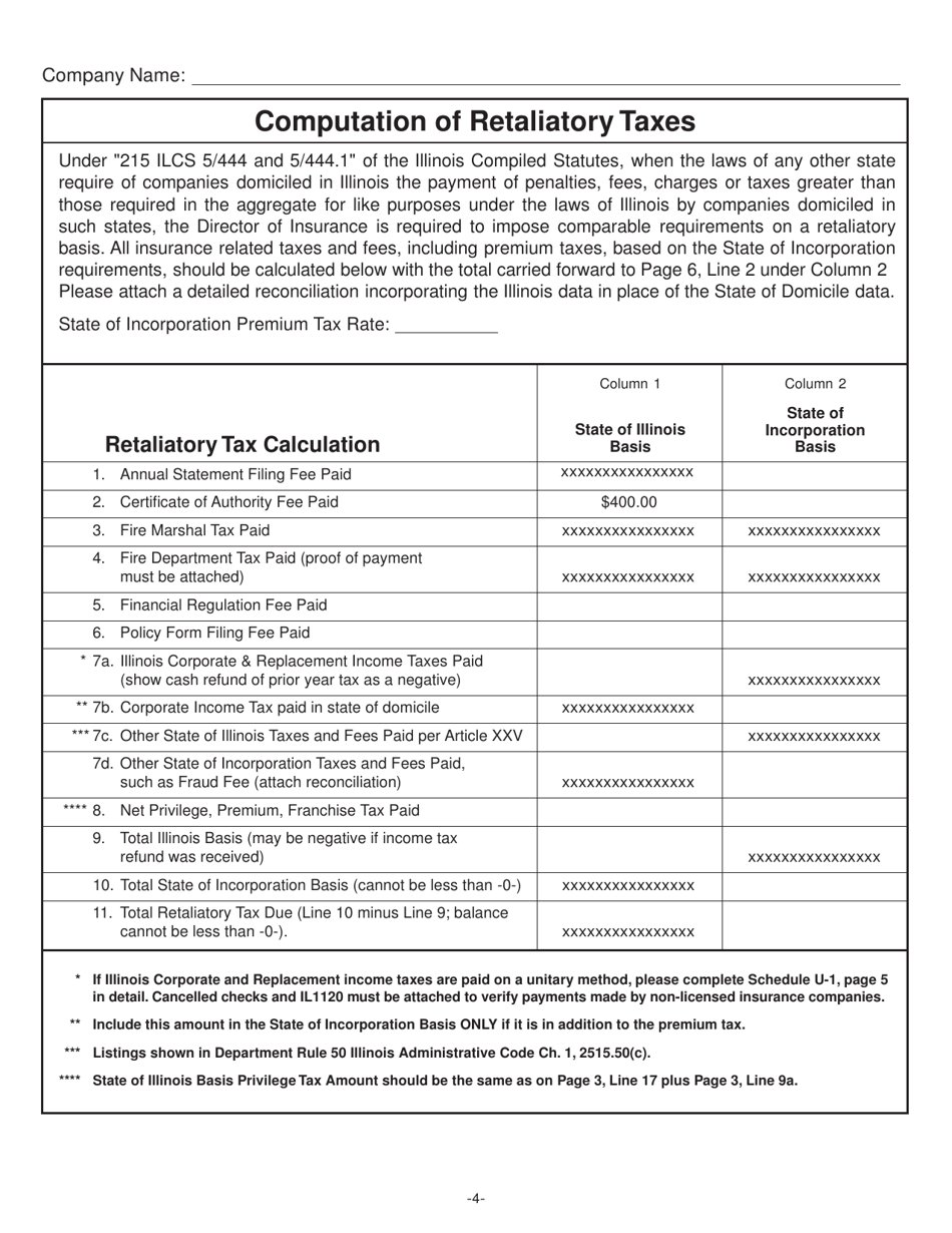 Form IL446-0126-L Privilege and Retaliatory Tax Return for Life and Accident and Health Companies - Illinois, Page 4