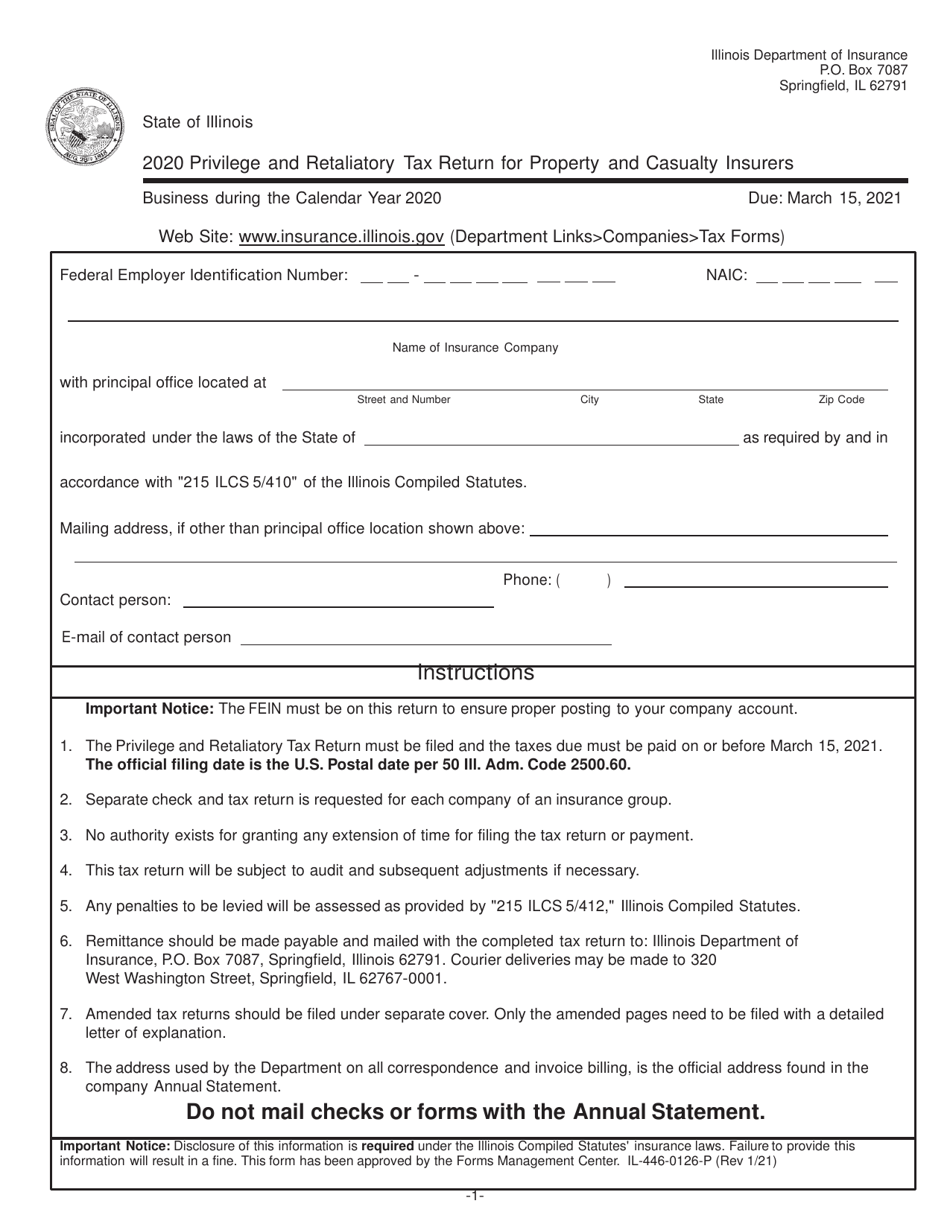 Form IL446-0126-P Privilege and Retaliatory Tax Return for Property and Casualty Insurers - Illinois, Page 1