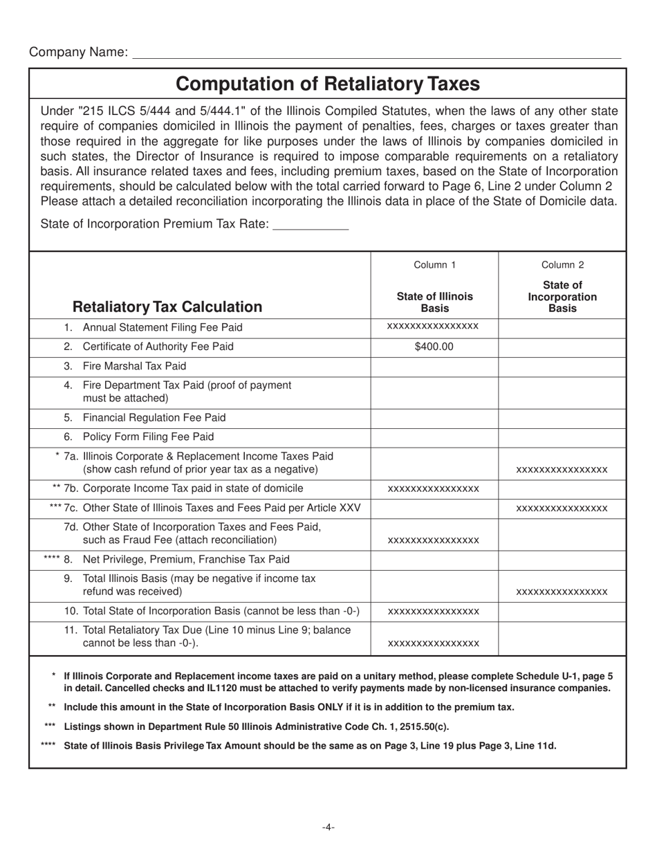Form IL446-0126-P Privilege and Retaliatory Tax Return for Property and Casualty Insurers - Illinois, Page 4
