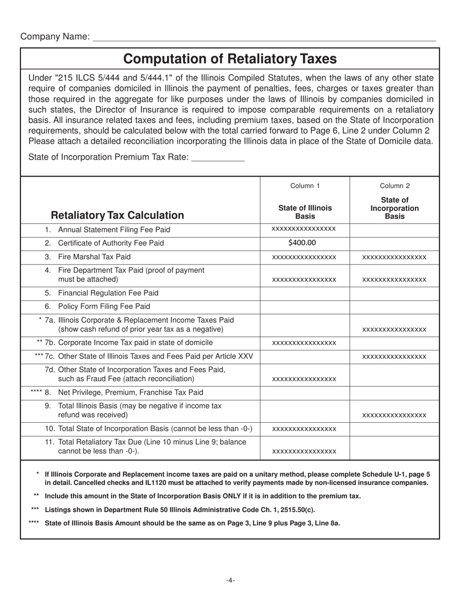 Form IL446-0126-H Privilege and Retaliatory Tax Return for Health Maintenance Organizations, Limited Health Service Organizations, Voluntary Health Service Plans and Dental Service Plans - Illinois, Page 4
