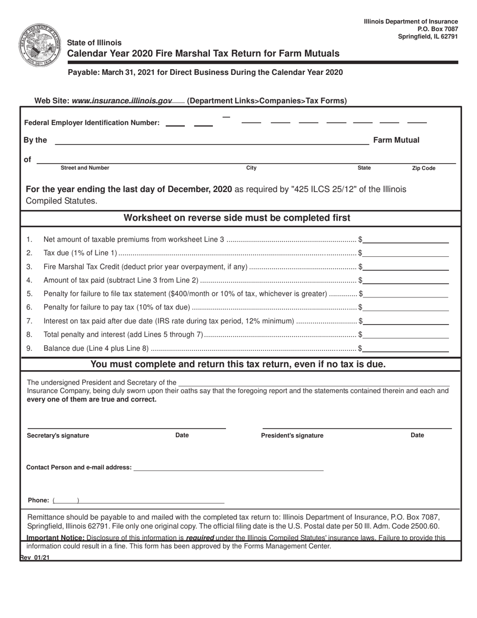 Fire Marshal Tax Return for Farm Mutuals - Illinois, Page 1