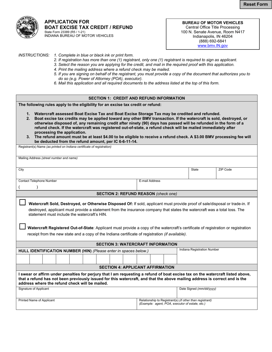 State Form 23389 Application for Boat Excise Tax Credit/Refund - Indiana, Page 1