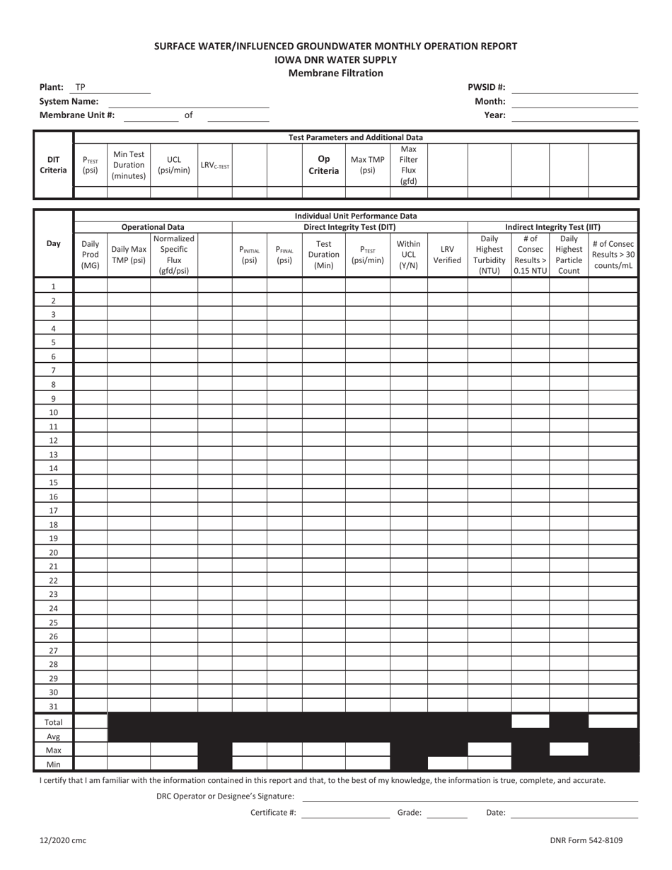 DNR Form 542-8109 Surface Water/Influenced Groundwater Monthly Operation Report - Iowa, Page 1