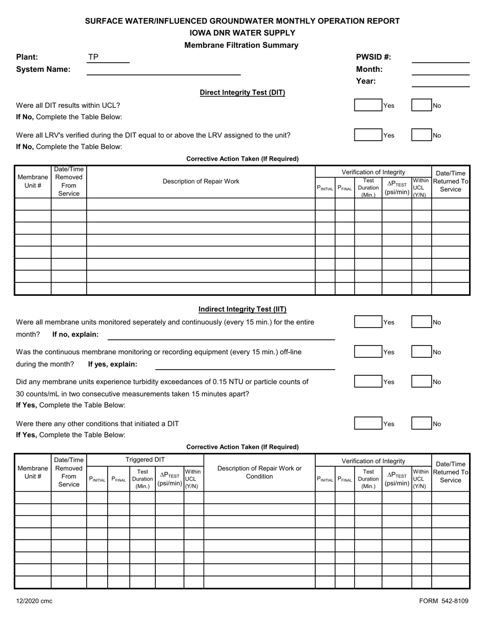 DNR Form 542-8109 Surface Water / Influenced Groundwater Monthly Operation Report - Iowa, Page 2