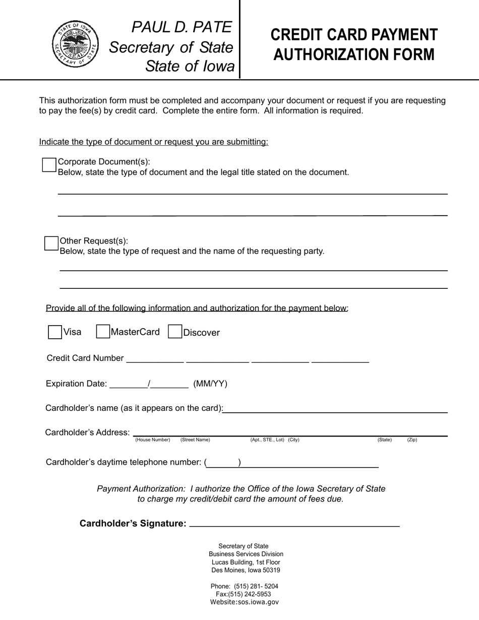 Credit Card Payment Authorization Form - Iowa, Page 1