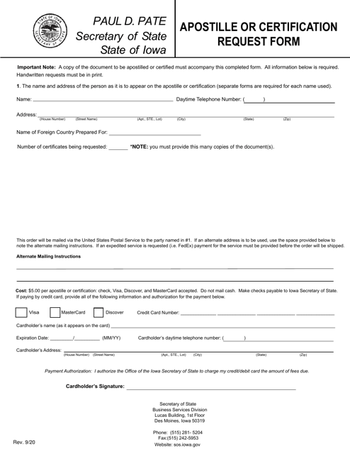 Apostille or Certification Request Form - Iowa Download Pdf