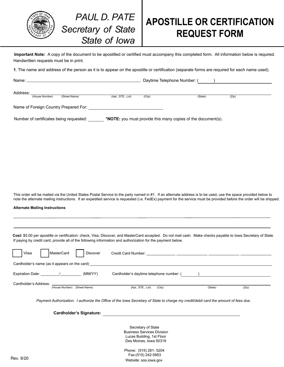 Apostille or Certification Request Form - Iowa, Page 1