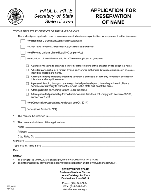 Form 635_0051 Application for Reservation of Name - Iowa