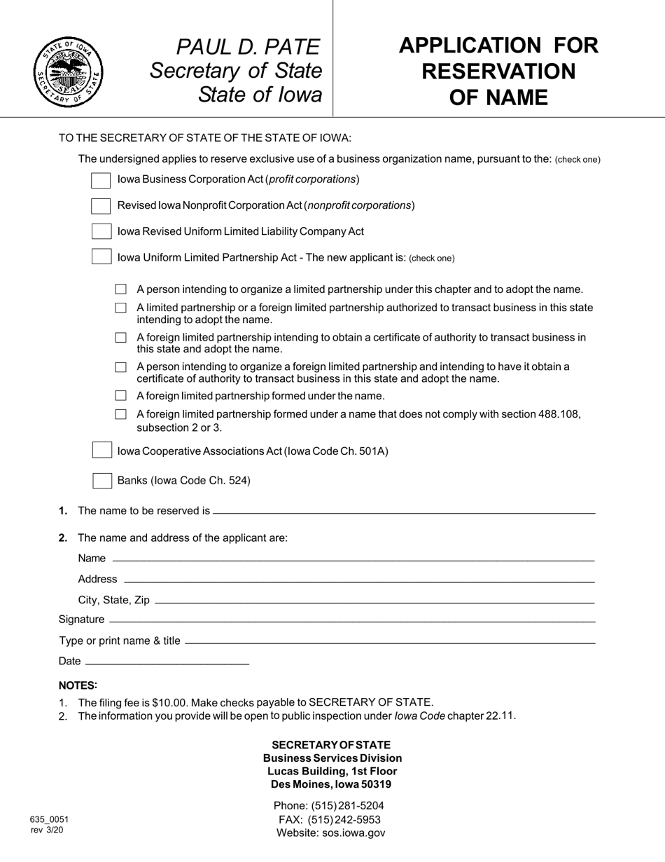 Form 635_0051 Application for Reservation of Name - Iowa, Page 1