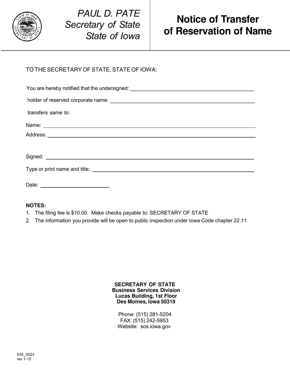 Form 635_0023 Notice of Transfer of Reservation of Name - Iowa, Page 1