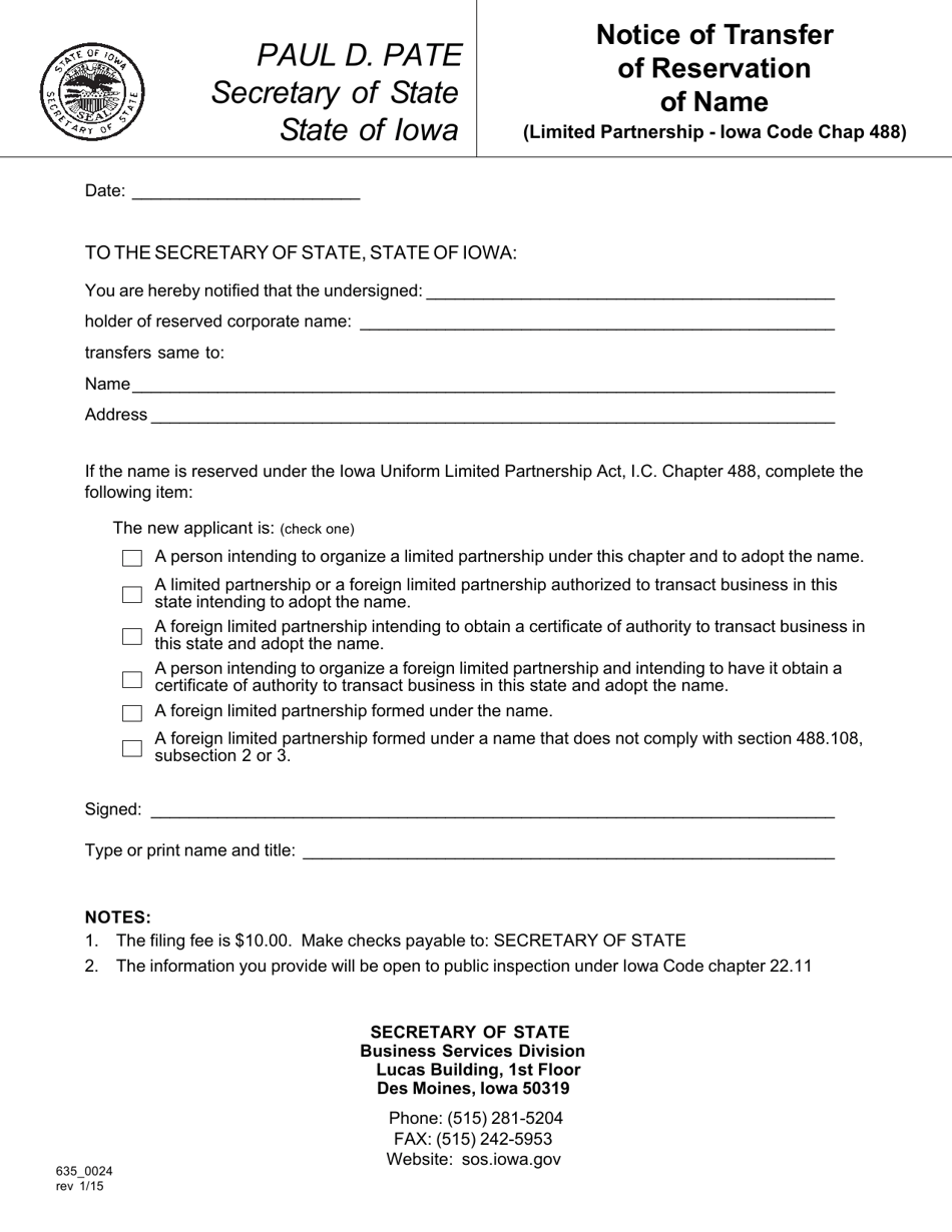 Form 635_0024 Notice of Transfer of Reservation of Name - Iowa, Page 1