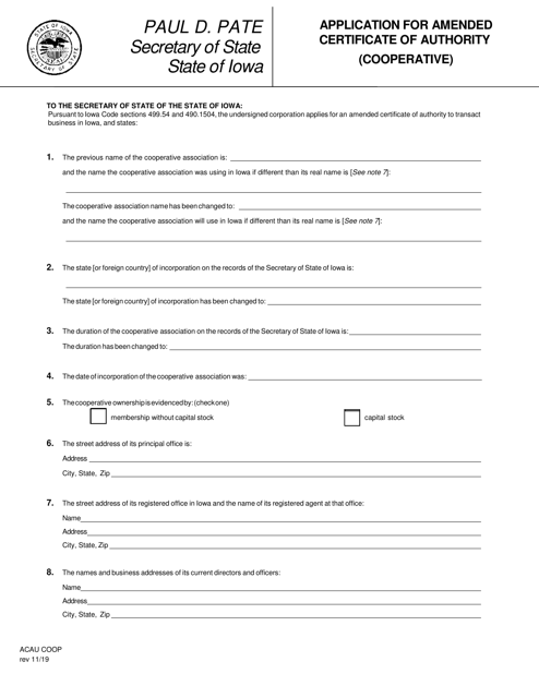 Application for Amended Certificate of Authority (Cooperative) - Iowa Download Pdf