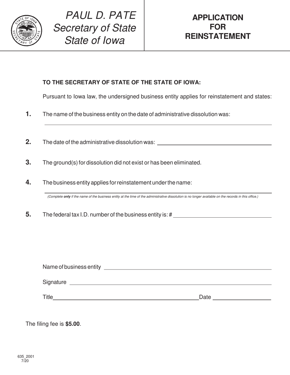 Form 635_2001 Application for Reinstatement - Iowa, Page 1
