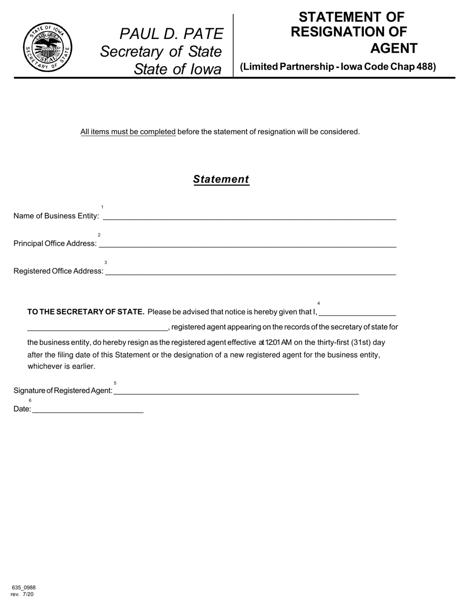 Form 635_0988 Statement of Resignation of Registered Agent - Iowa, Page 1