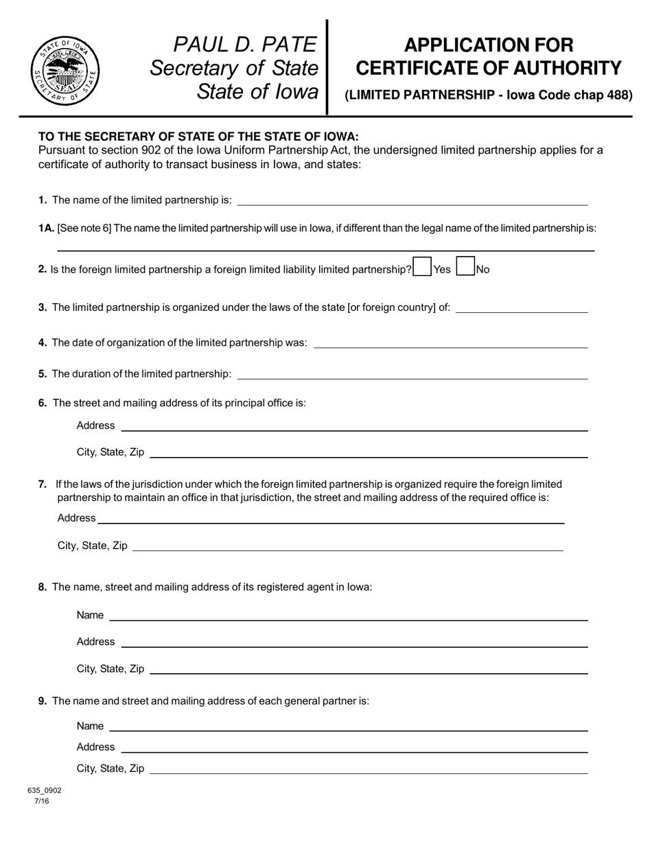 Form 635_0902 Application for Certificate of Authority - Iowa, Page 1