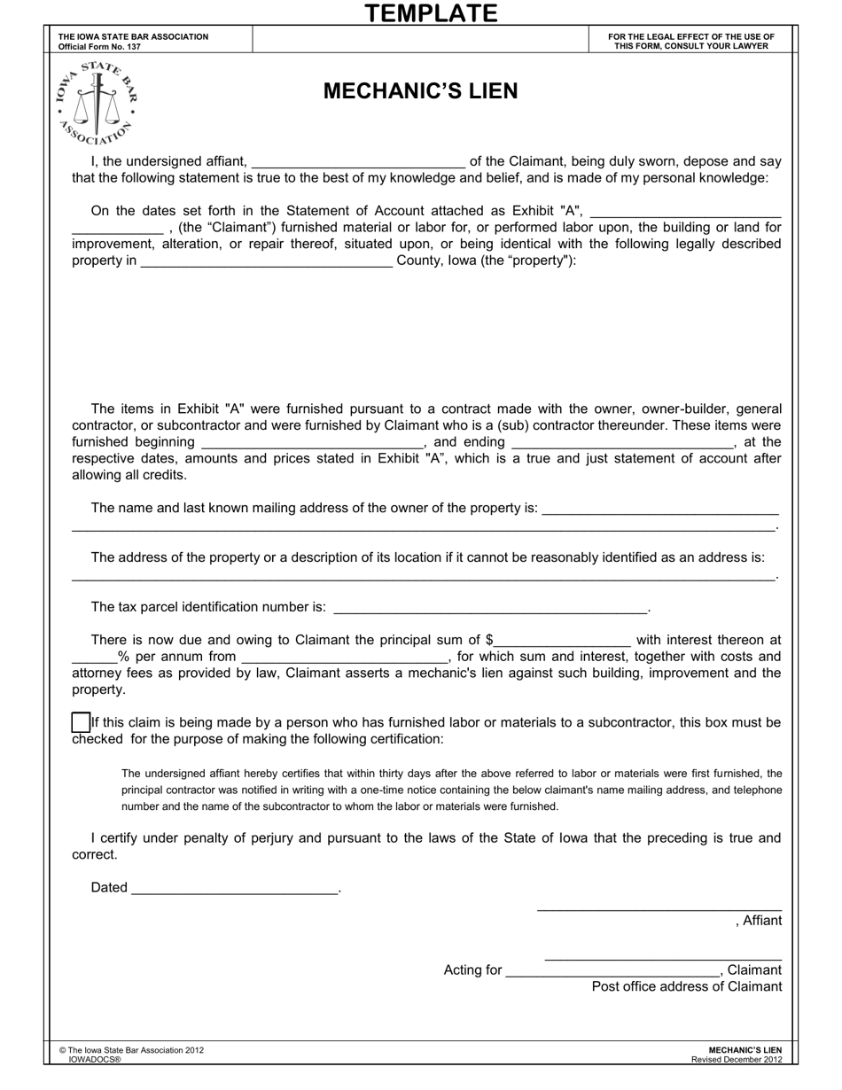 Official Form 137 Mechanics Lien - Template - Iowa, Page 1