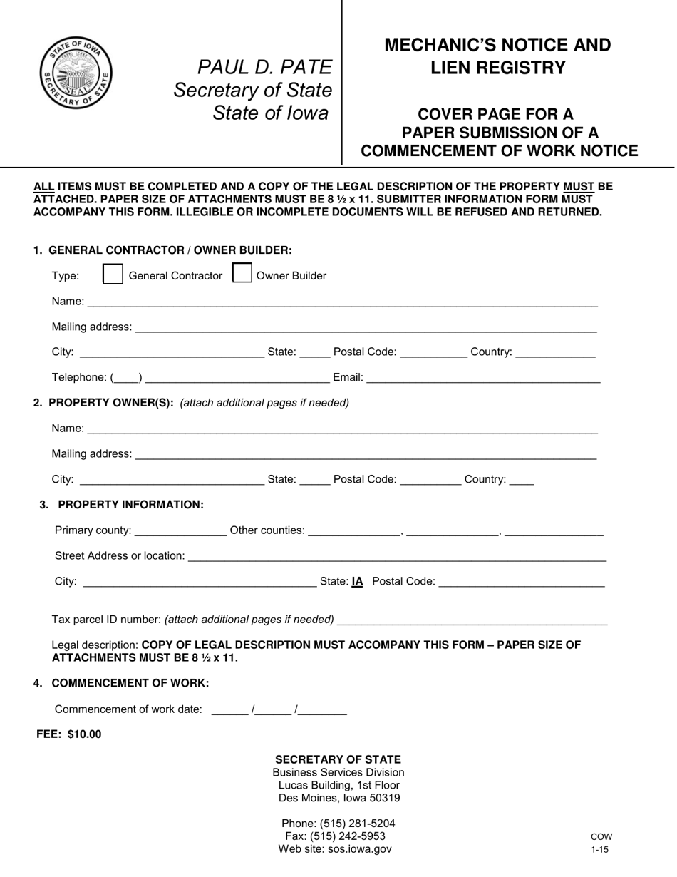 Mechanics Notice and Lien Registry - Commencement of Work - Iowa, Page 2