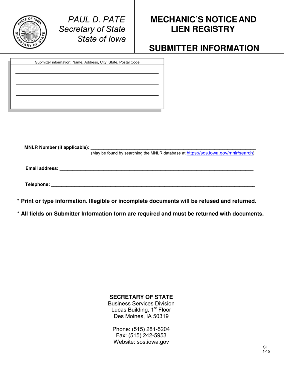 Mechanics Notice and Lien Registry - Preliminary Notice - Iowa, Page 1