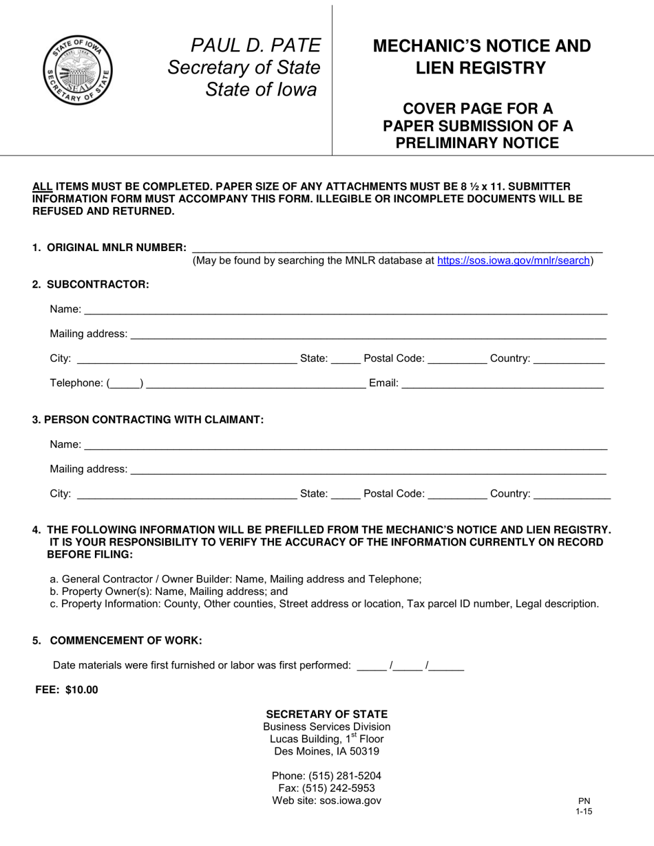 Mechanics Notice and Lien Registry - Preliminary Notice - Iowa, Page 2