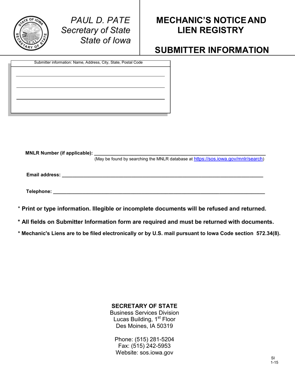 Mechanics Notice and Lien Registry - Commercial - Iowa, Page 1
