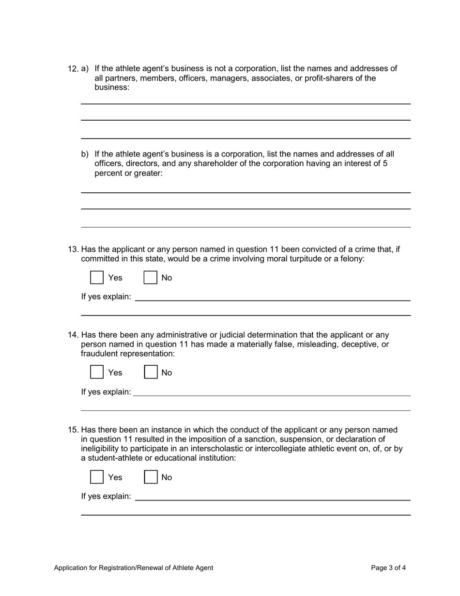 Application for Registration / Renewal as an Athlete Agent - Iowa, Page 3