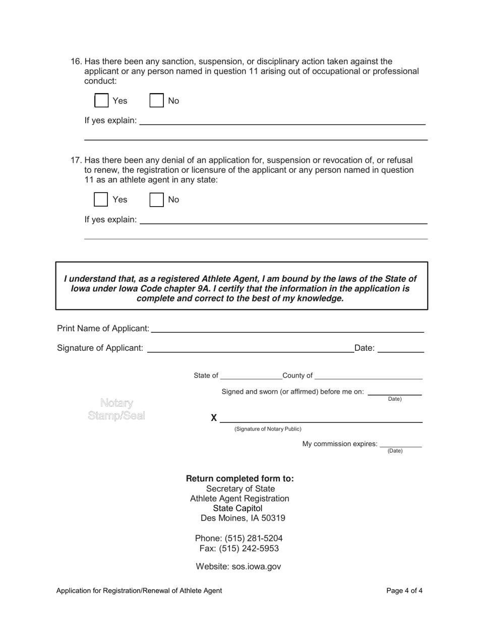 Application for Registration / Renewal as an Athlete Agent - Iowa, Page 4