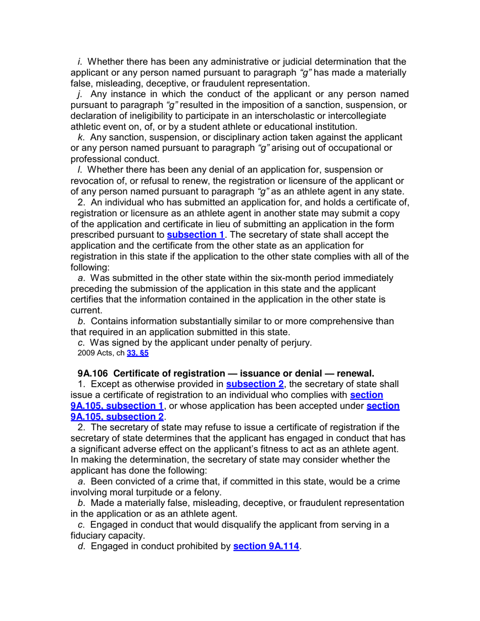 Application for Registration / Renewal as an Athlete Agent - Iowa, Page 8