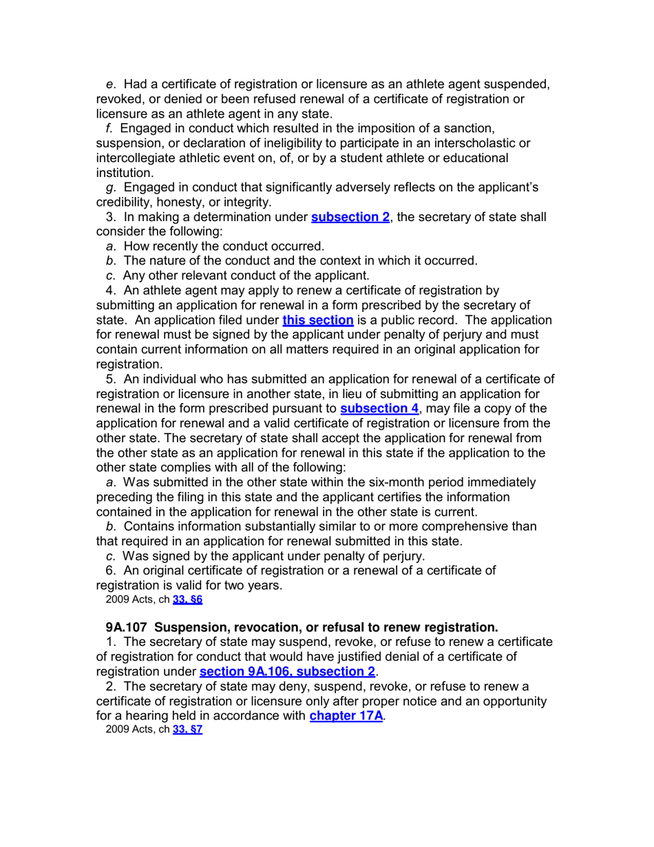 Application for Registration / Renewal as an Athlete Agent - Iowa, Page 9