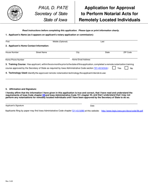 Application for Approval to Perform Notarial Acts for Remotely Located Individuals - Iowa Download Pdf