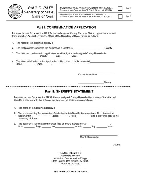 Condemnation Application and Sheriff's Statement - Iowa Download Pdf