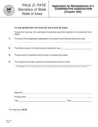 Form 635_0130 Application for Reinstatement of a Cooperative Association - Iowa