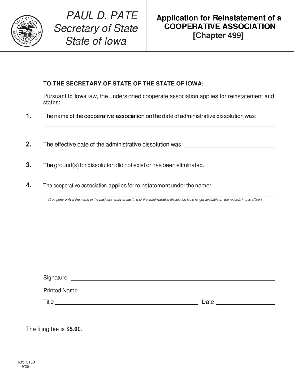 Form 635_0130 Application for Reinstatement of a Cooperative Association - Iowa, Page 1