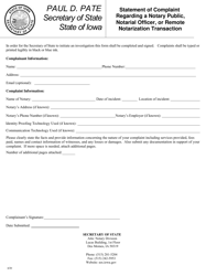 Document preview: Statement of Complaint Regarding a Notary Public, Notarial Officer, or Remote Notarization Transaction - Iowa