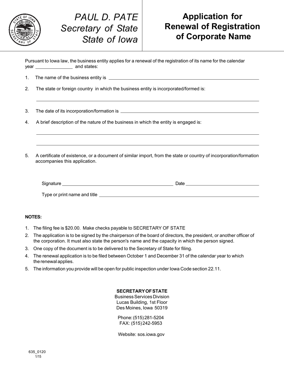 Form 635_0120 Application for Renewal of Registration of Corporate Name - Iowa, Page 1
