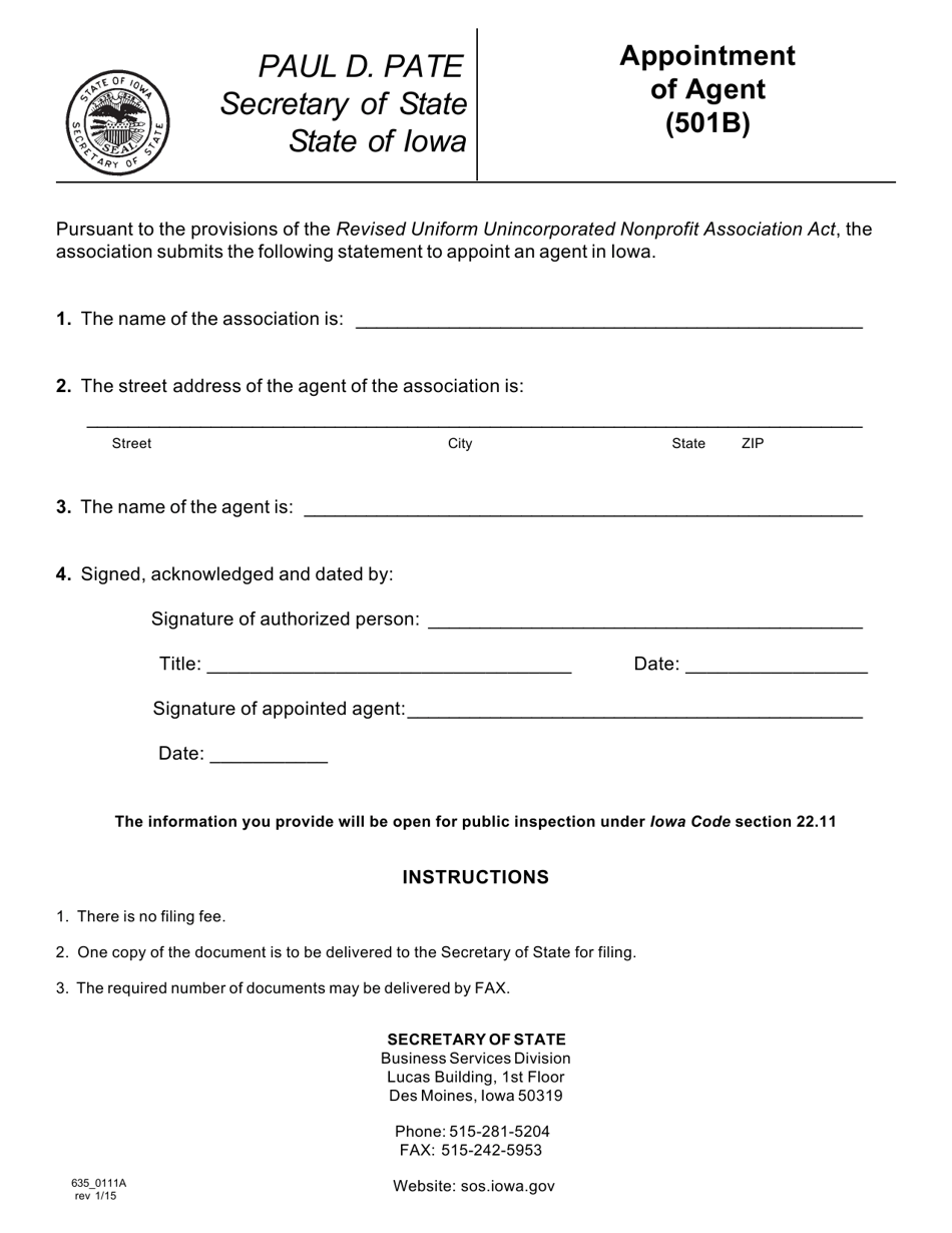 Form 635_0111A Appointment of Agent (501b) - Iowa, Page 1