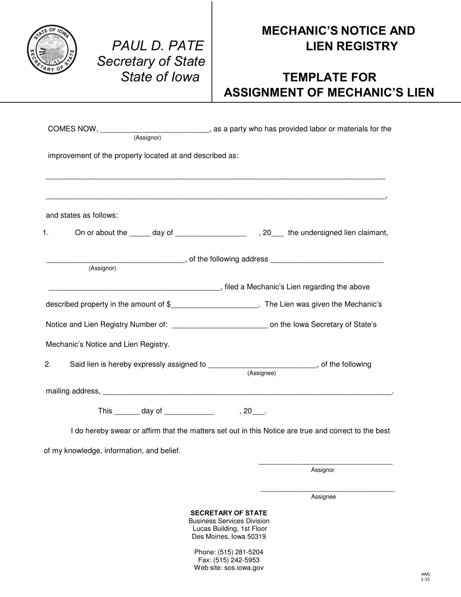 Form AML Mechanics Notice and Lien Registry - Template for Assignment of Mechanics Lien - Iowa, Page 1