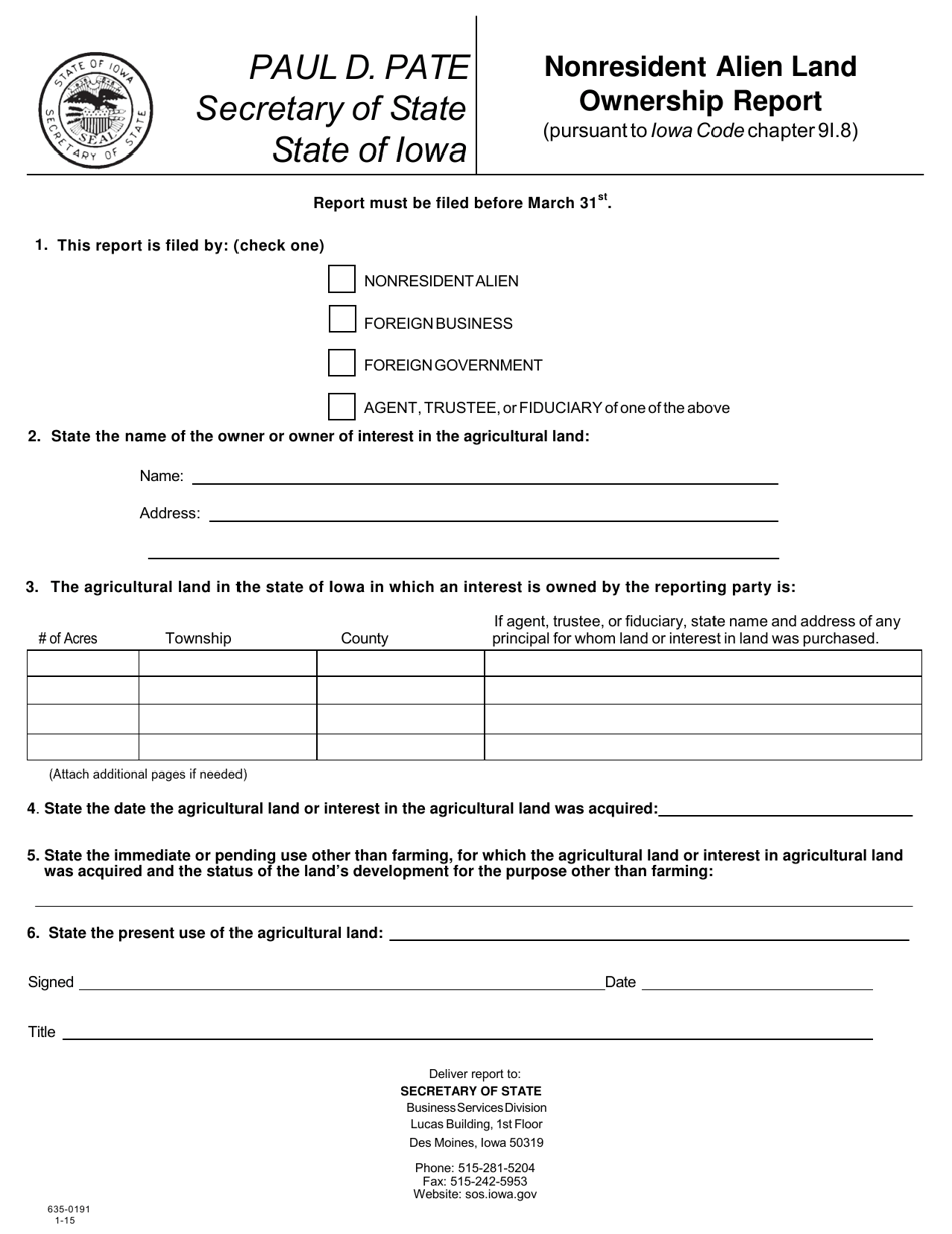 Form 635-0191 Nonresident Alien Land Ownership Report - Iowa, Page 1