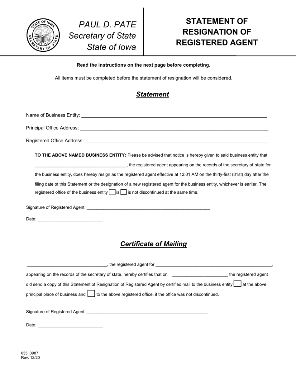 Form 635_0987 Statement of Resignation of Registered Agent - Iowa, Page 1