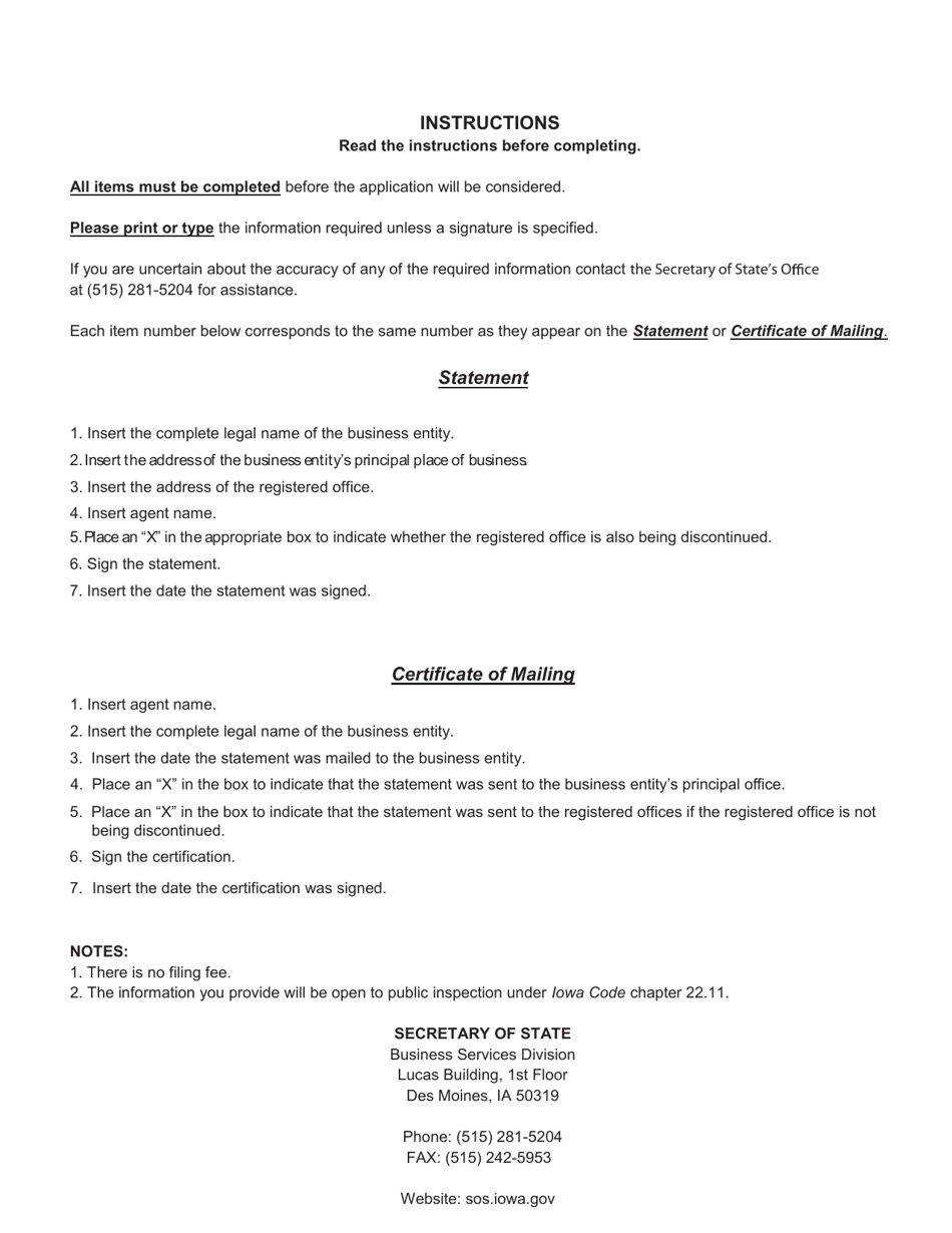 Form 635_0987 Statement of Resignation of Registered Agent - Iowa, Page 2