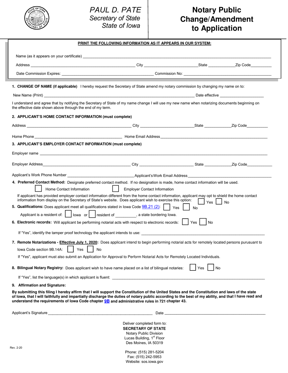 Iowa Notary Public Change/Amendment to Application Fill Out, Sign
