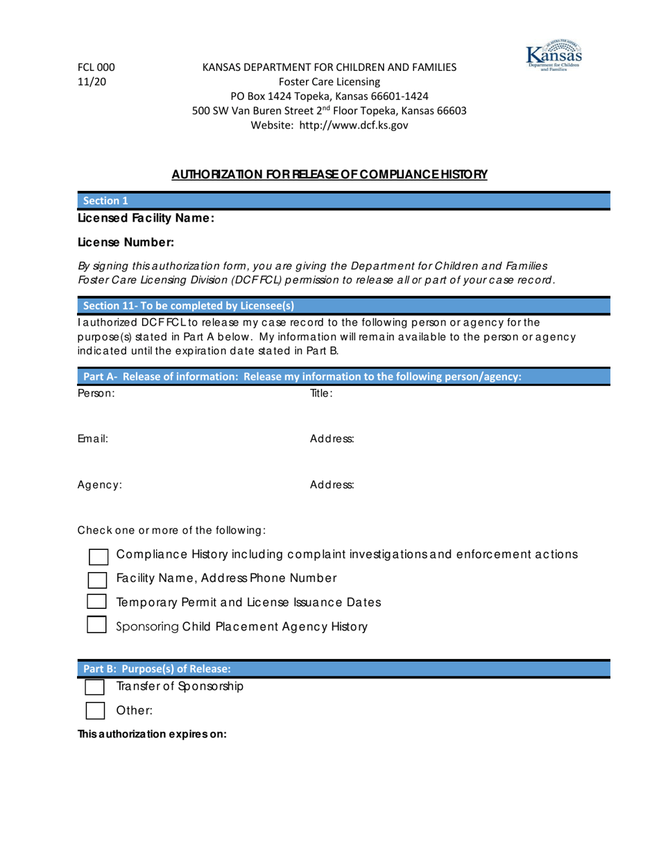 Form FCL000 Authorization for Release of Compliance History - Kansas, Page 1