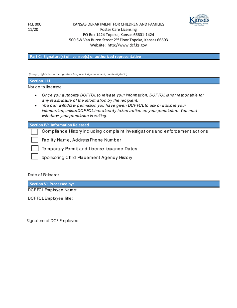 Form FCL000 Authorization for Release of Compliance History - Kansas, Page 2