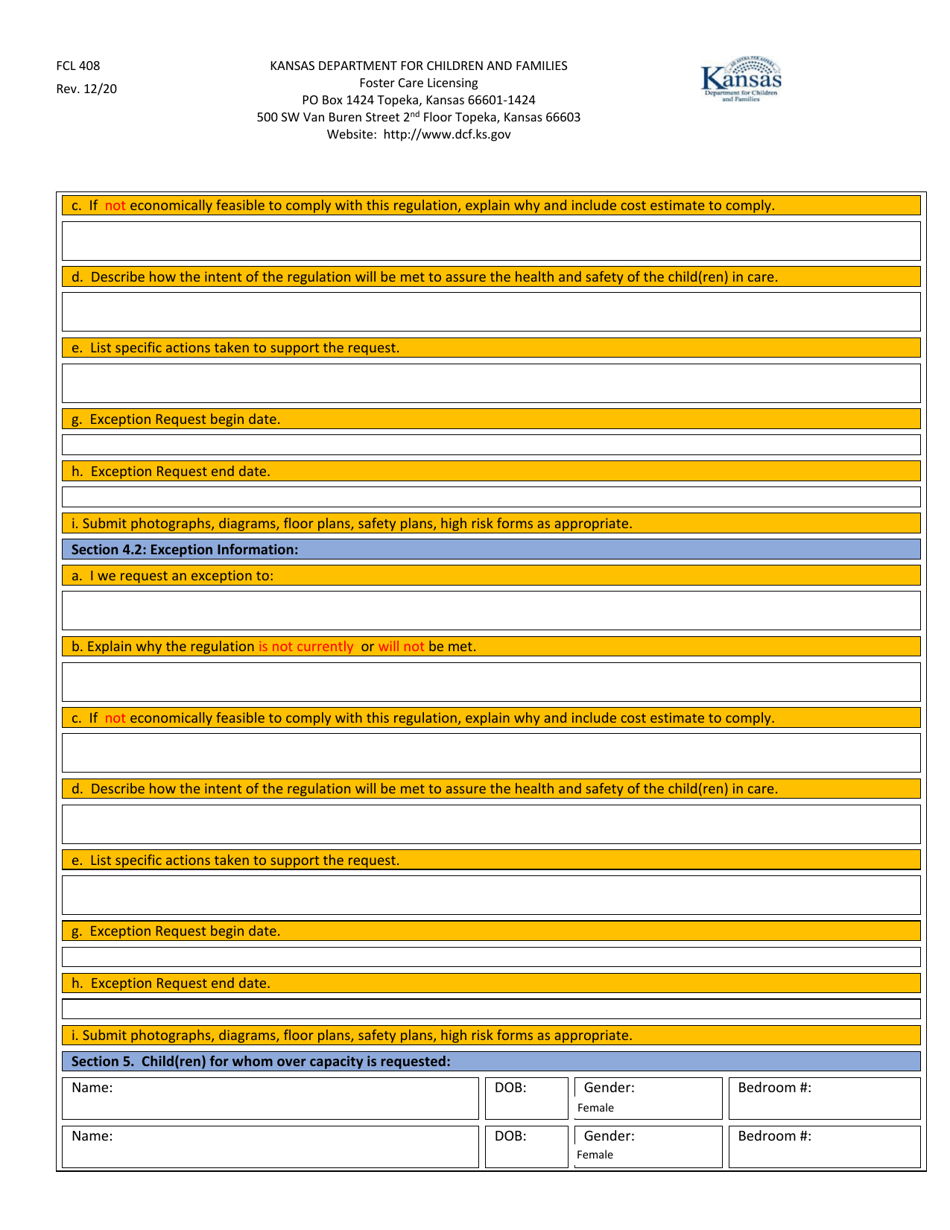 Form FCL408 Foster Family Home Exception Request - Kansas, Page 3