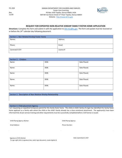 Form FCL658 Request for Expedited Non-relative Kinship Family Foster Home Application - Kansas