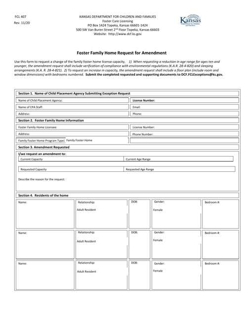 Form FCL407 Foster Family Home Request for Amendment - Kansas