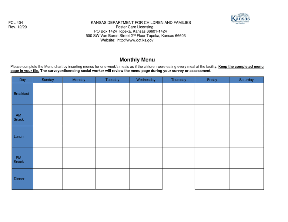 Form FCL404 Monthly Menu - Kansas, Page 1