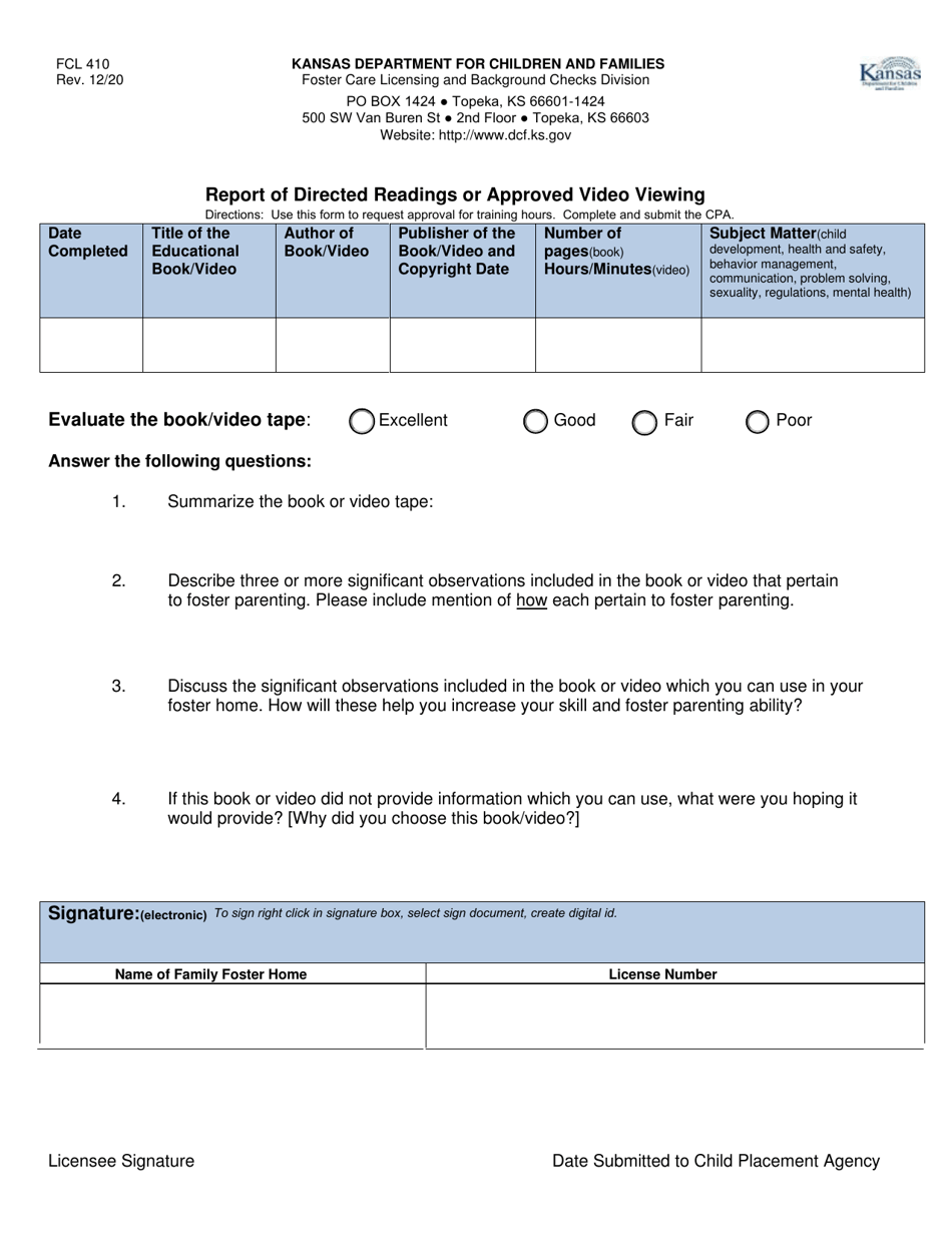 Form FCL440 Report of Directed Readings or Approved Video Viewing - Kansas, Page 1